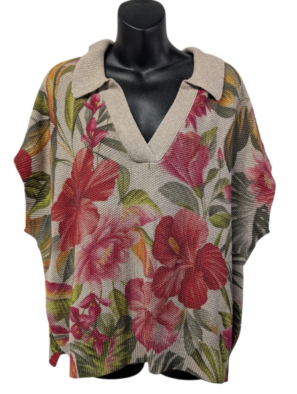 Tommy Bahama Womens Beige Tropical Floral Knit Collared V-Neck Sweater Size XL